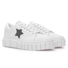 Tênis Feminino Casual Branco Plataforma Sola Alta Estrela Strass Confo