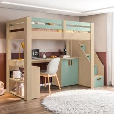 Cama Alta Infantil com Escada, Escrivaninha e 6 Portas Star Plus Casatema Legno Salinas/verde Bellagio