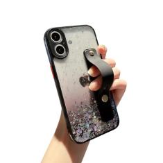 siduater Capa com suporte de alça para iPhone 16 Plus de 6,7 polegadas com suporte de pulseira, capa transparente com glitter brilhante, amortecedor de TPU macio, alça ajustável para iPhone 16 Plus de