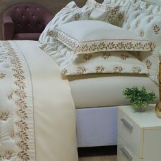 Jogo Cama Lençol Garland Queen Bordado 100% Algodão Acetinado 400 Fios 4 Peças - Palha e Fendi