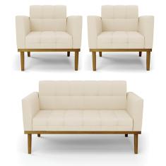 Sofá Namoradeira e 2 Poltronas Base Madeira Castanho Elisa Linho Bege A19 D03 - D'Rossi