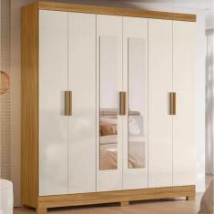 Guarda Roupa Casal 6 Portas 2 Gavetas com Espelho Freijo / Off White / Ripado Valença - Moval