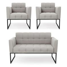 Kit 1 Sofá Namoradeira E 2 Poltronas Elisa Veludo Cinza Base Metálica Industrial Preto - D`rossi