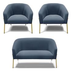 Sofá Namoradeira E 2 Poltronas Pé De Ferro Dourado Stella Suede Azul Marinho D03 - D`rossi