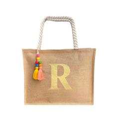 Bolsa De Praia Juta Personalizada Com Letra Inicial Dourada - Bogu By 