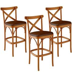 Kit 03 Banquetas Altas Cozinha Bancada Estofada ávila L02 Couríssimo Marrom - Lyam