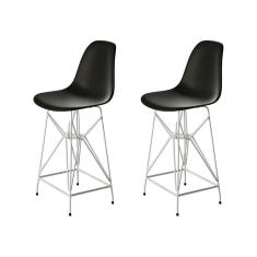 Kit 2 Banquetas Bistrô Alta Eames Preta Base Ferro Branco - Cor: Preto
