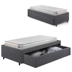 Base Box Cama Solteirão Sapateira Suede Cinza e Colchão Hanover Induco