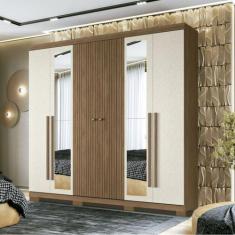 Guarda Roupa Casal com Espelho 6 Portas 4 Gavetas Ripado com Pés Anton