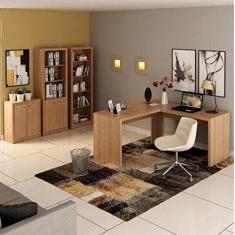 Conjunto Home Office 4 peças 1 Escrivaninha em L 2 Estantes e 1 Balcão Tecno Mobili Amendoa