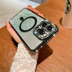 Capa magnética Gradient Glitter Diamond para iPhone 11 13 12 14 Pro Max 14 Plus Capa de carregamento sem fio transparente macia, verde, para iPhone 14 Pro