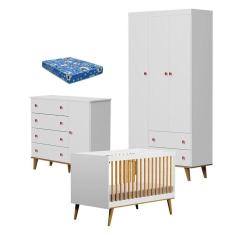 Quarto de Bebê 3 Portas Fernanda com Berço Ligia Branco Bétula e Colchão Ortobom - Carolina Baby