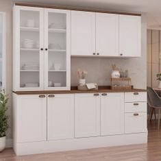 Cozinha Modulada Compacta 4 Peças com Armário Aéreo 2 Portas Vidro 100% Mdf com Tampo Branco/Tampo Ébano