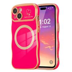 ZTOFERA Capa magnética para iPhone 14 de 6,1 polegadas, linda capa ondulada encaracolada com estampa de coração de amor, borda banhada de luxo, proteção total para câmera, à prova de choque, capa de