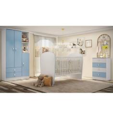 Quarto de Bebê Completo Pimpolho com Guarda Roupa 3 Portas, Cômoda e Berço Espresso Móveis Branco/Azul
