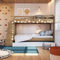 Treliche Infantil com Cama Auxiliar Escada Nichos e Gavetas Laterais Aveiro Oak/Branco