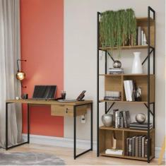 Escrivaninha Industrial 118cm com Gaveteiro e Estante 3 Nichos Freijó/Preto Fosco