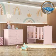 Quarto de Bebê Doce Sonho com Cômoda 2561 e Berço Simples 1 Qmovi Rosa Acetinado + Colchão Ortobom