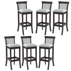 Kit 6 Banquetas Alta Estofada Encosto Mônaco 36x100Cm Madeira Maciça Linho Bege Cru L71 - RMI