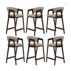 Kit 6 Banquetas Alta para Cozinha Ravena em Madeira Maciça Capuccino Suede Bege CCS