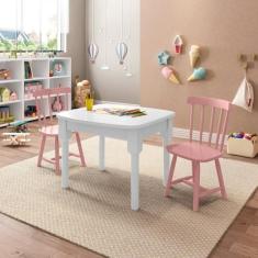 Mesa Infantil com 2 cadeiras Mariah Madeira Maciça e Laca Casatema Branco/Rosa
