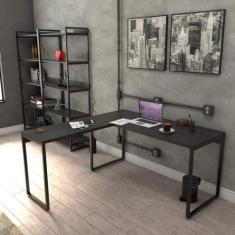 Kit 3 Peças com Mesa para Escritório em L Kuadra e 2 Estantes Multiuso