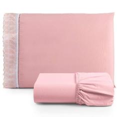 Jogo De Lençol Solteiro 2 Pçs Basic Percal 180 Fios Lese Bordado Inglês - Rosa