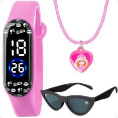 relogio digital barbie infantil + colar + oculos proteção uv pulseira 