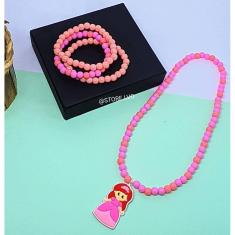 Kit Conjunto Colar e Pulseiras Infantil Meninas com Miçangas Pérolas Coloridas Princesas Minnie Sereia Monica Unicórnio