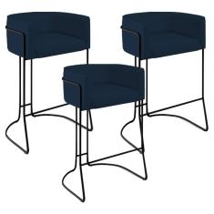 Kit 03 Banquetas Fixa Preto Veludo Azul Oxford C-304