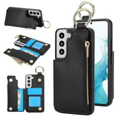 Capa carteira para Samsung Galaxy S22 Plus, 3 compartimentos para cartão, 1 bolso com zíper, suporte de fecho magnético com suporte de anel à prova de choque com bloqueio de RFID para Samsung S22 Plus