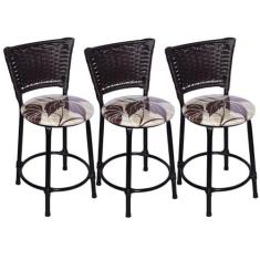 Kit 3 Banquetas Baixas Preta com Encosto Junco Argila Assento Floral M