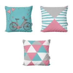 Capas De Almofadas Rosa E Azul Decorativas Bike In Love Sofá - Novadec