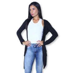 Cardigan Heide Ribeiro Alongado Soltinho Strass Super Leve, P, Preto