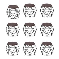 Kit 09 Puff Banqueta Aramado Mila Base Preta Hexágono Suede Marrom - D