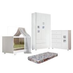 Quarto de Bebê Berço Mini Cama com Colchão, Cômoda 1 Porta 4 Gavetas e