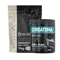 Kit: Whey Protein Concentrado 1Kg + Creatina Monohidratada Pote 300g - 100% Pura Importada - Soldier-Unissex