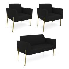 Sofá Namoradeira E 2 Poltronas Pé De Ferro Dourado Marisa Linho D03 Preto