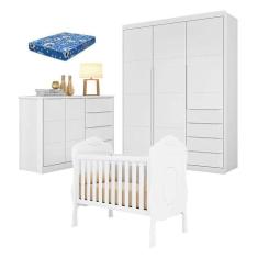 Quarto De Bebê Blenda Com Berço Americano Realeza Branco Acetinado Com Colchão Ortobom