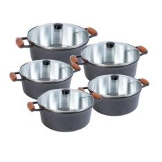 Jogo de Panelas 5 Peças Cava Alumínio Fundido Craqueado Alça de Madeira e Tampas de Vidro