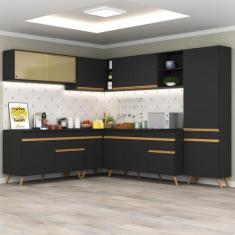 Armário Cozinha Completa de Canto Veneza Multimóveis V2065, Preto/Dour