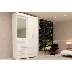 Guarda Roupa Solteiro Débora 4 Portas de Abrir 3 Gavetas MDF com Espelho Branco ACP Móveis