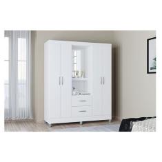 Guarda Roupa Solteiro Ambiente Cordoba 4 Portas 2 Gavetas MDP com Espelho Branco Brilho Poquema Móveis