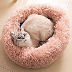 Cama de gato donut, camas de cachorro de pelúcia falsa para cães médios e pequenos - travesseiro redondo interno auto-aquecimento aconchego cama de gato lavável diâmetro 24 polegadas