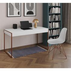 Escrivaninha Industrial Escritório Branca 137X53Cm Malta Com 1 Cadeira Branca Base Cobr Cor: Branco