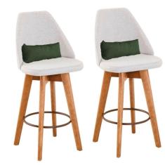 Kit 02 Banquetas Linho Bege E Almofada Suede Verde Musgo