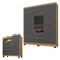 Guarda Roupa Casal Imperial com Cômoda Sapateira Cannes Carvalho Americano Grafite - Incorplac