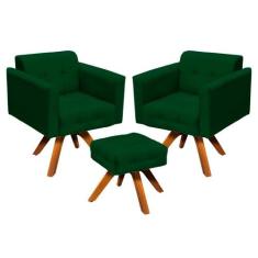 Kit 02 Poltronas Giratória Elisa e 01 Puff Suede Base Madeira MM30 D'R