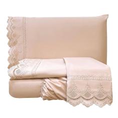 Jogo De Cama Lençol Realce Queen 4 Peças Percal 300 Fios Bordado Inglês Macio - Rosê