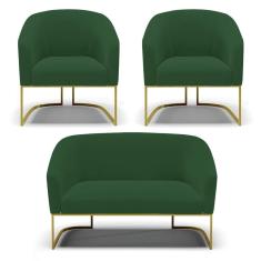 Sofá Namoradeira e 2 Poltronas Base Industrial Dourado Stella Veludo Verde D03 - D`Rossi